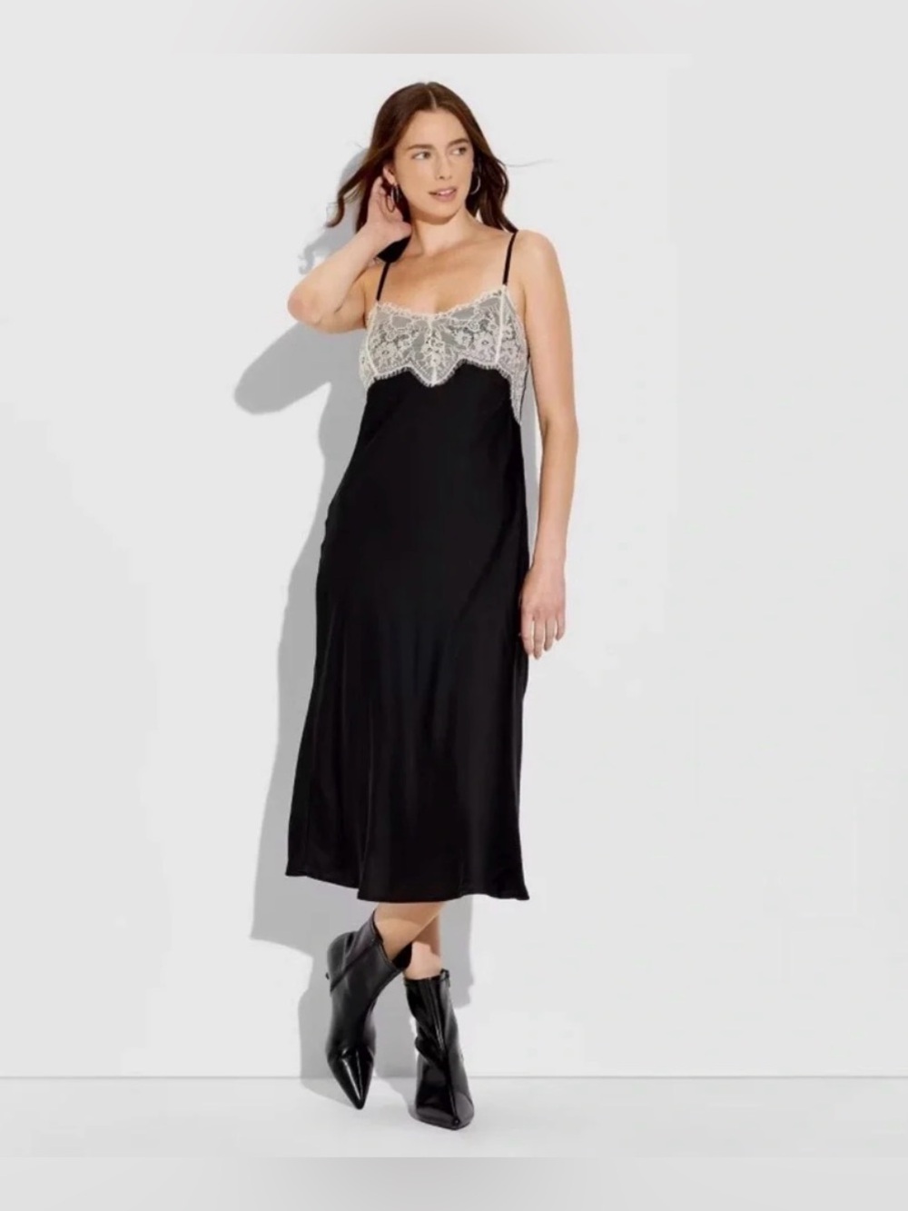 NWT- Black Lace Trim Satin Midi Sleeveless Slip Dress- M